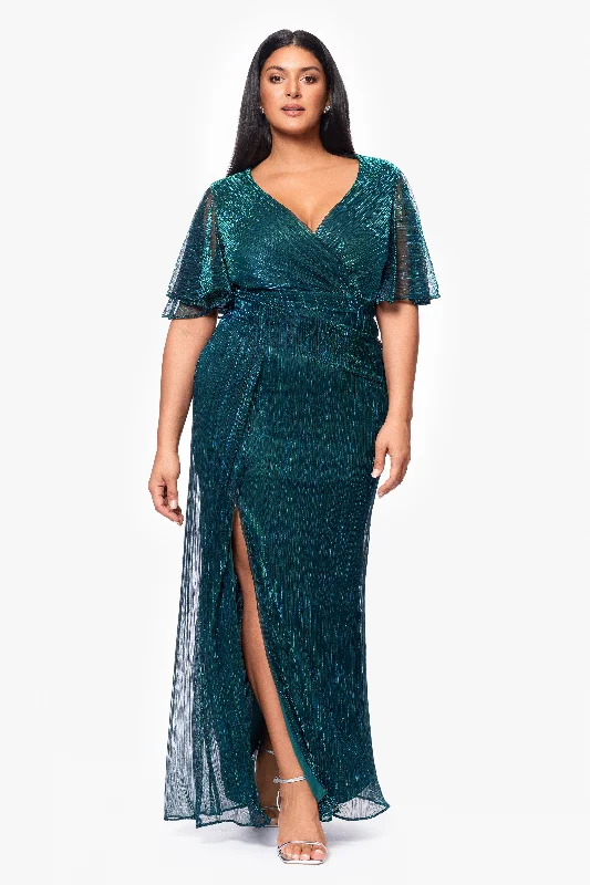 "Kelly" Flutter Sleeve Floor Length Crinkle Metallic Gown