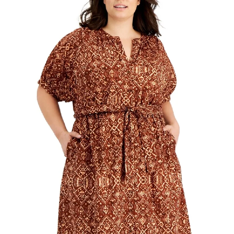 Calvin Klein Women's Cotton Batik Print-Shirt Dress Brown Size 20W