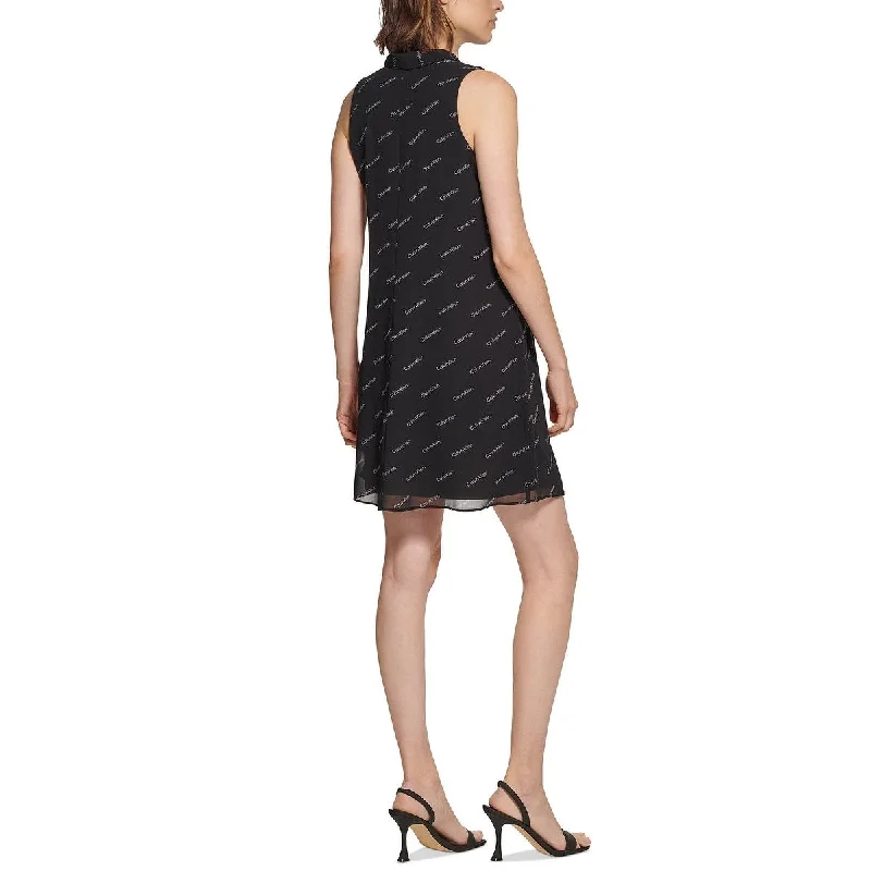 Calvin Klein Women's Logo Print Tie Neck Dress Black Size 12