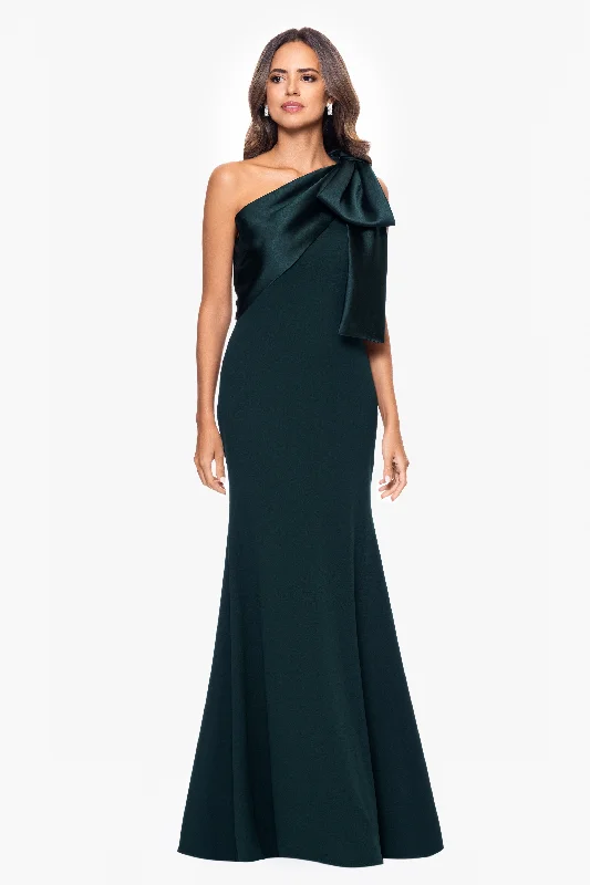 "Carmela" Long Scuba Crepe Dress with Satin Bow