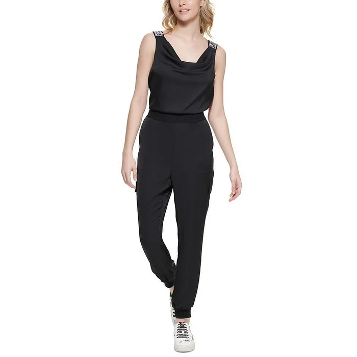 Karl Lagerfeld Paris Women's Logo Strap Cowlneck Sleeveless Jumpsuit Black Size 4