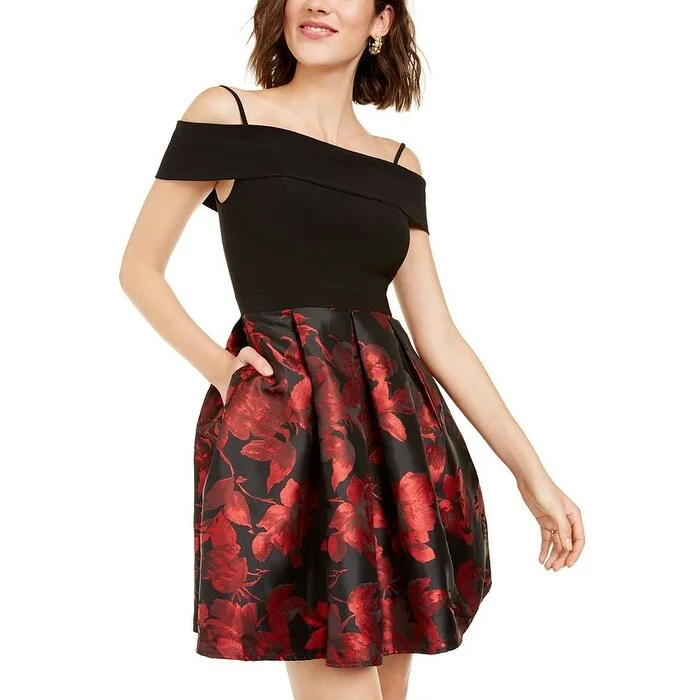 Morgan & Company Women's Cold Shoulder Pocketed Floral Spaghetti Strap Off Shoulder Mini Fit Flare Party Dress Black Size 7