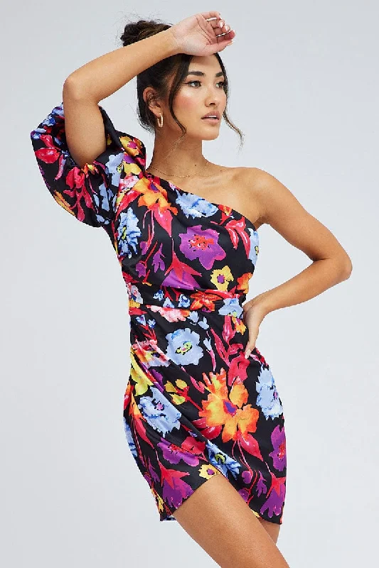 Multi Floral One Shoulder Puff Sleeve Statement Mini Dress