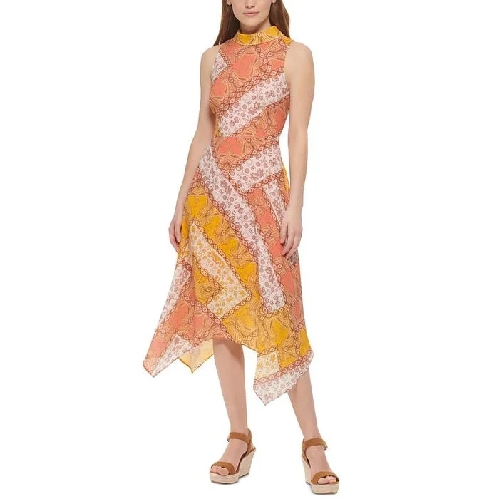 Vince Camuto Women's Scarf Print Handkerchief Midi Dress Orange Size 8