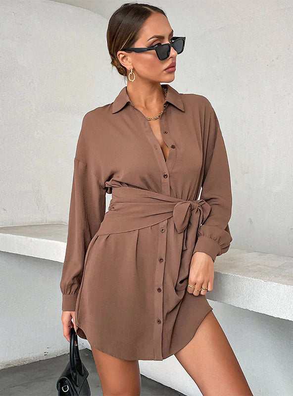 CARDIGAN TIE LAPEL LONG SLEEVE SHIRT DRESS