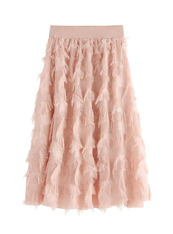 ELASTIC WAIST FEATHER FRINGED SKIRT