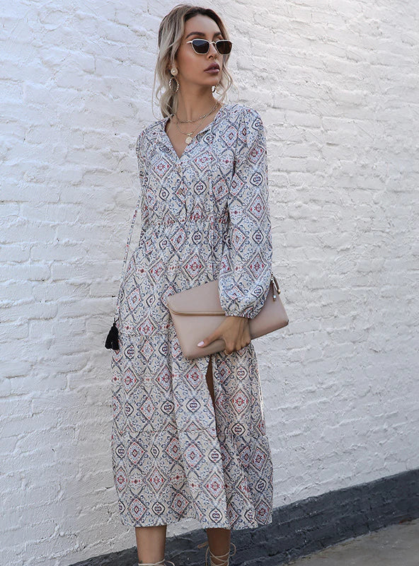 FASHION ETHNIC PRINT LONG SLEEVE DRESS