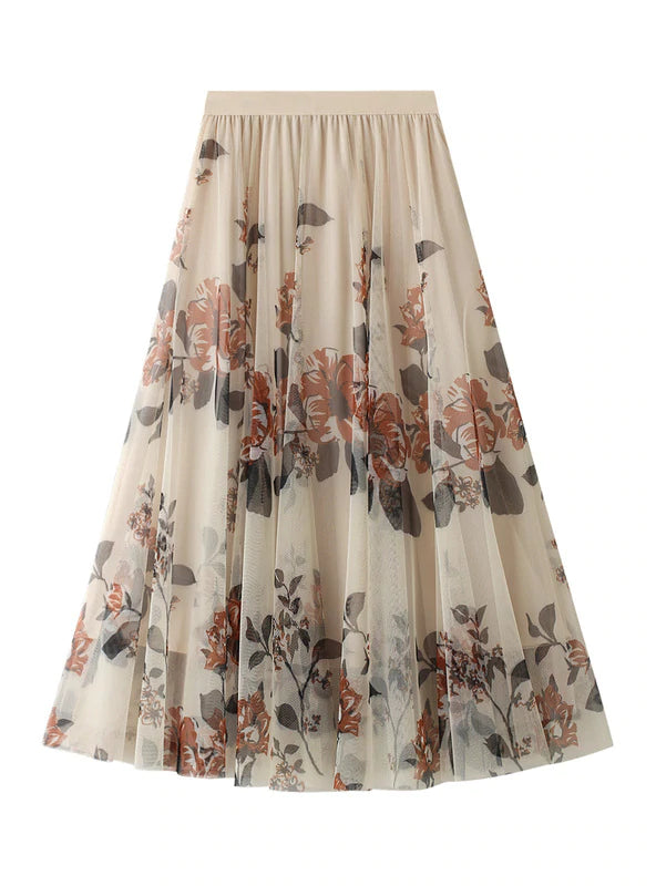 FLORAL PLEATED LONG GAUZE SKIRT