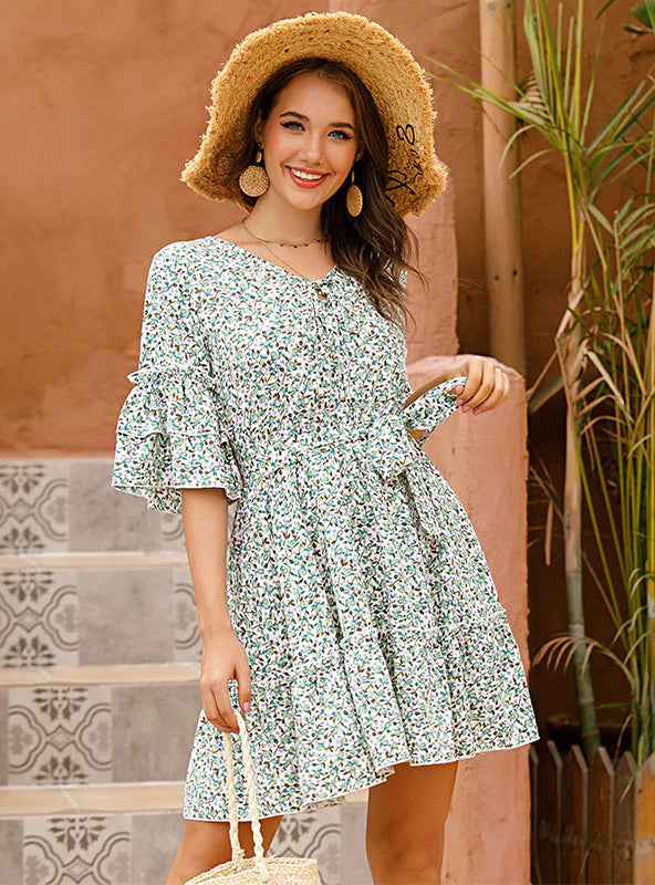 FLORAL TRUMPET SLEEVE RUFFLED STRAP DRESS