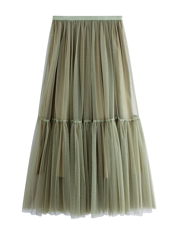 HIGH WAIST STITCHING PLEATED GAUZE SKIRT