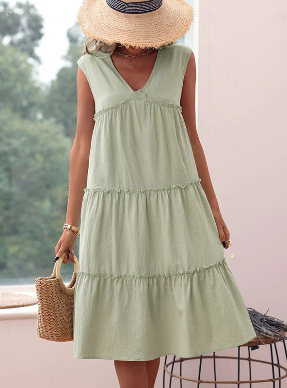 LOOSE PLEATED COTTON LINEN SLEEVELESS DRESS