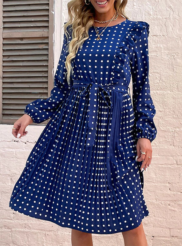 LOTUS LEAF LONG SLEEVE POLKA DOT DRESS