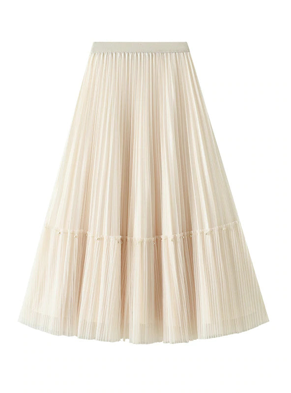 NAIL BEAD STITCHING MESH PLEATED SKIRT