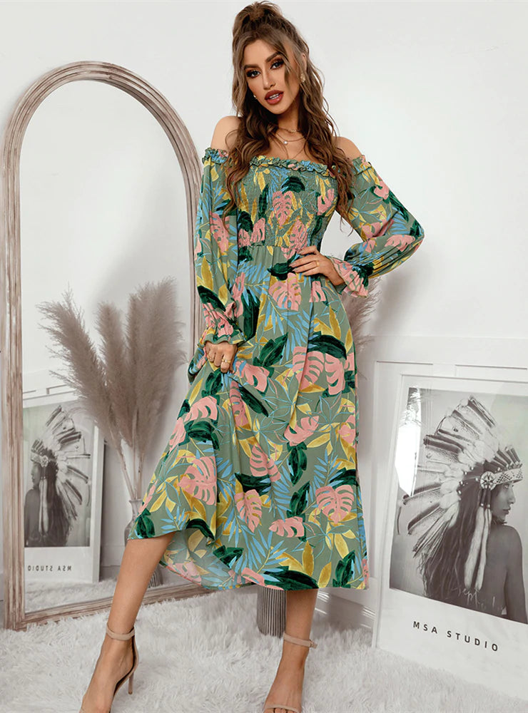 ONE-SHOULDER LONG SLEEVE PRINT DRESS