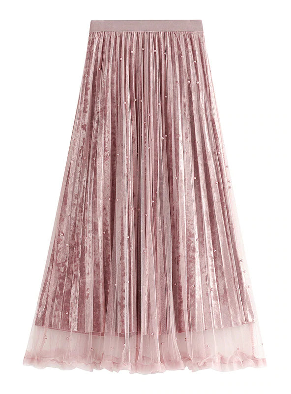 PEARL THICKENED VELVET PLEATED GAUZE SKIRT