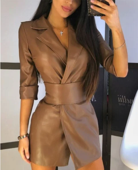 Plain Long Sleeve PU Leather Blazer Dress