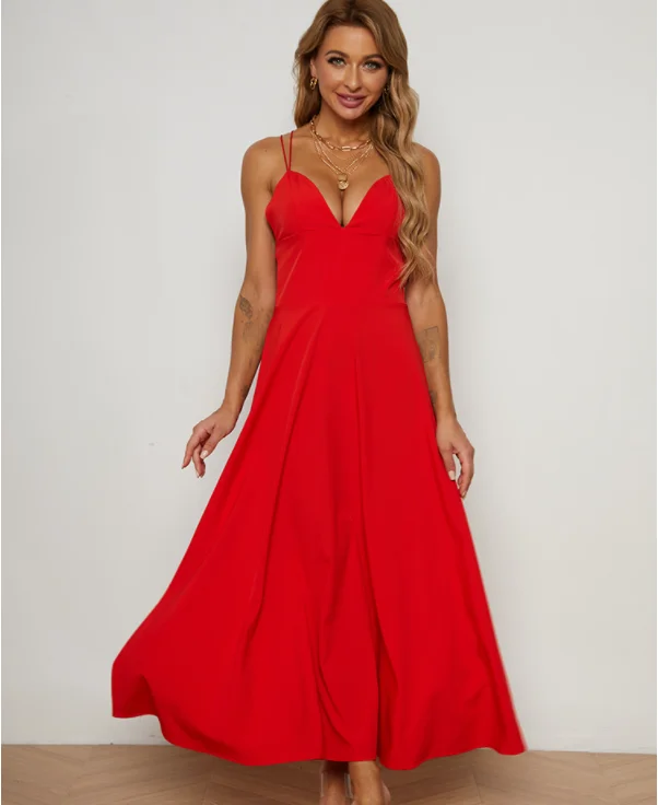 Plain Spaghetti Strap Backless High Waist Elegant Maxi Dress