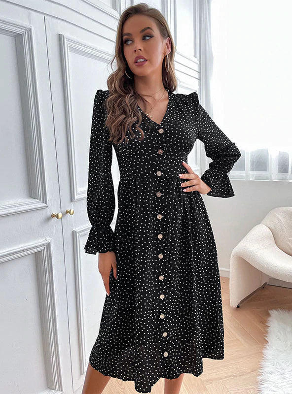 POINT V-NECK LONG SLEEVE DRESS