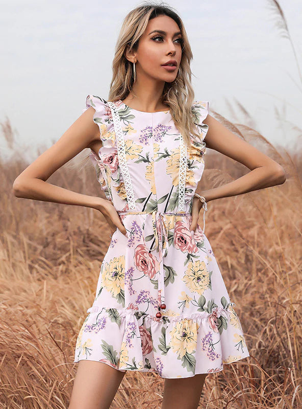 PRINTED ROUND NECK STITCHING FLOUNCE DRESS