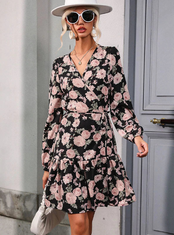 PRINTED V-NECK LONG SLEEVE DRESS