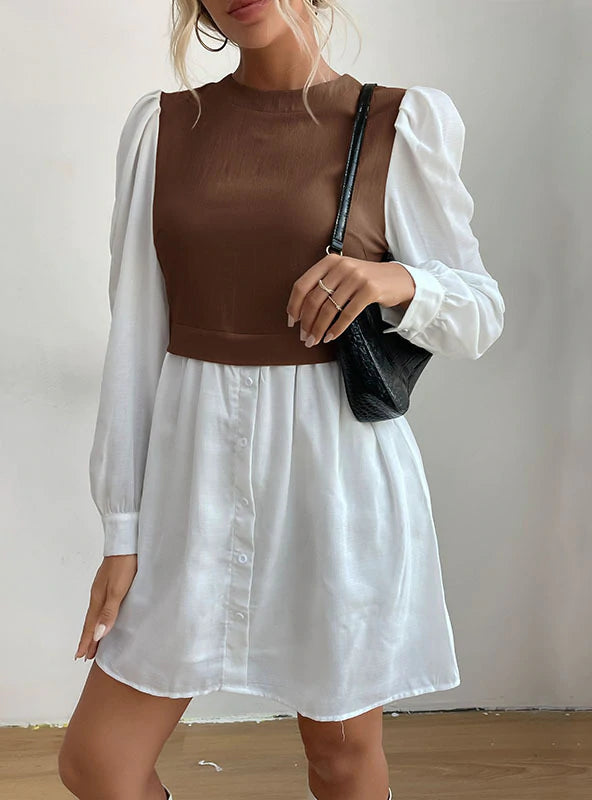 ROUND NECK BUBBLE SLEEVE STITCHING SHIRT DRESS