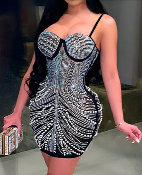 Sexy Spaghetti Strap Studded Beading Bodycon Party Dress