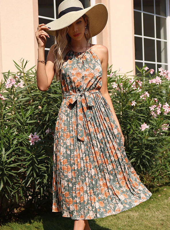 SLEEVELESS LACE-UP NECK PLEATED PRINT DRESS