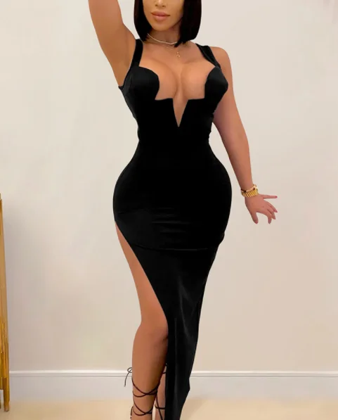 Solid Backless Hallow Out Sexy Party Dress