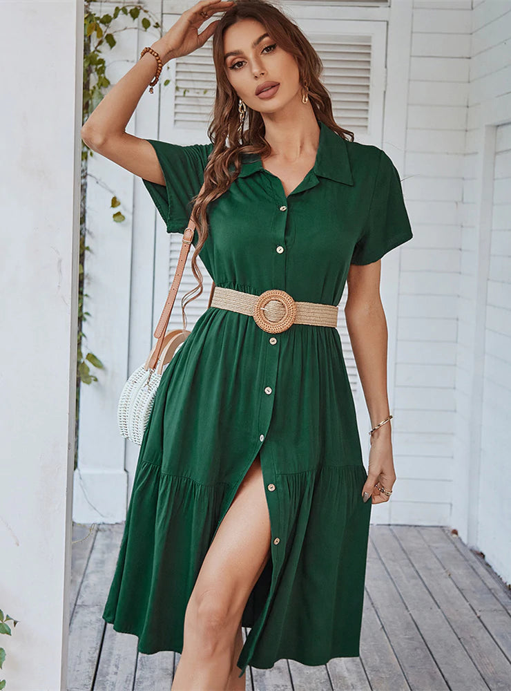 SOLID BUTTON CASUAL DRESS