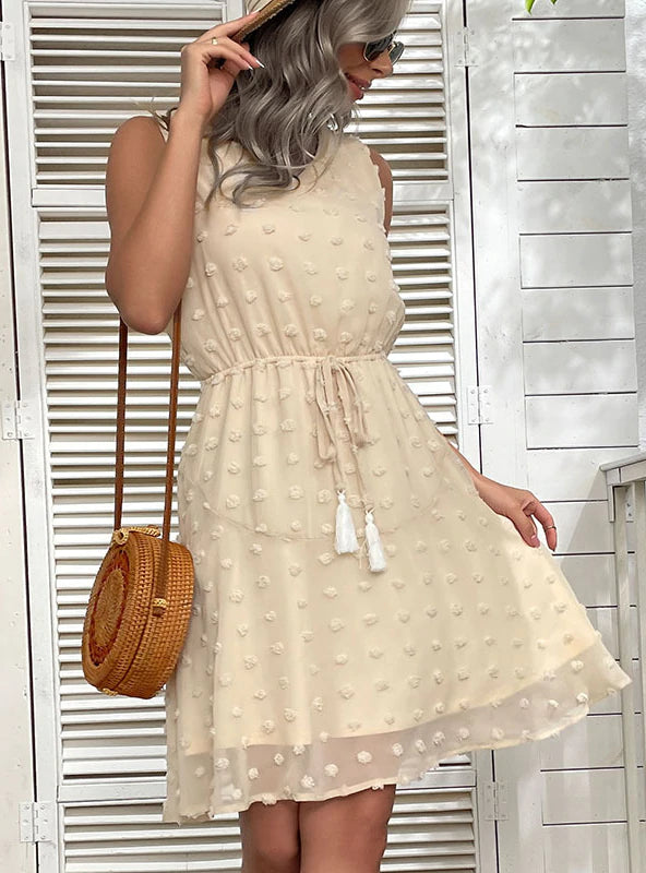 V-NECK CHIFFON JACQUARD LACE-UP DRESS