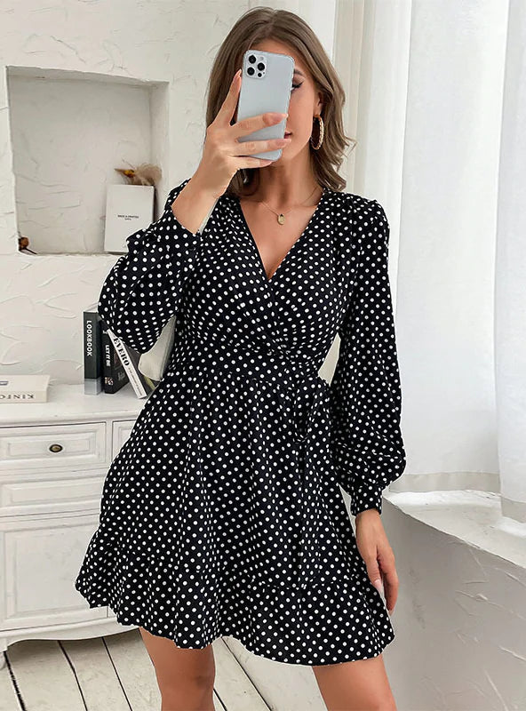 V-NECK LACE-UP POLKA DOT LONG SLEEVE DRESS