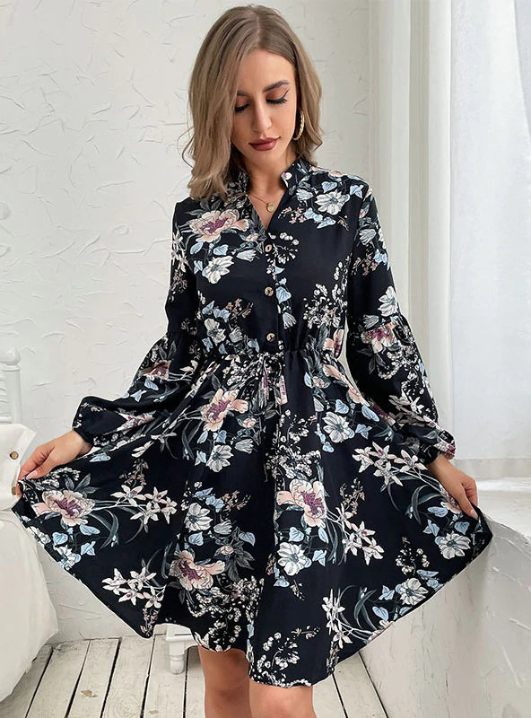 V-NECK LONG SLEEVE PRINTED DRESS