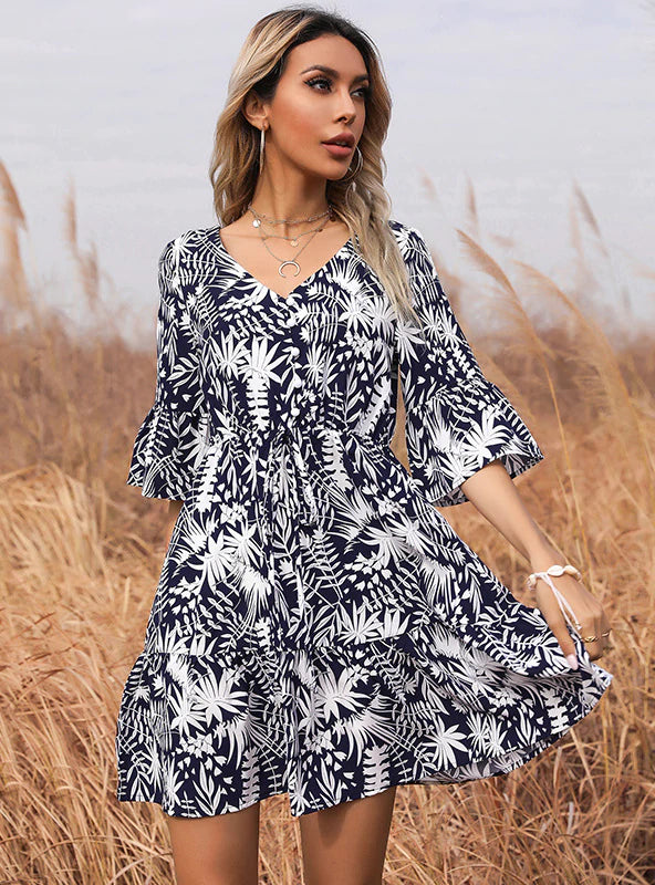 V-NECK PRINTED TRUMPET SLEEVE LEAF DRESS