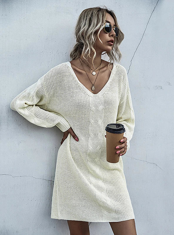 V-NECK PULLOVER CASUAL LONG SWEATER DRESS