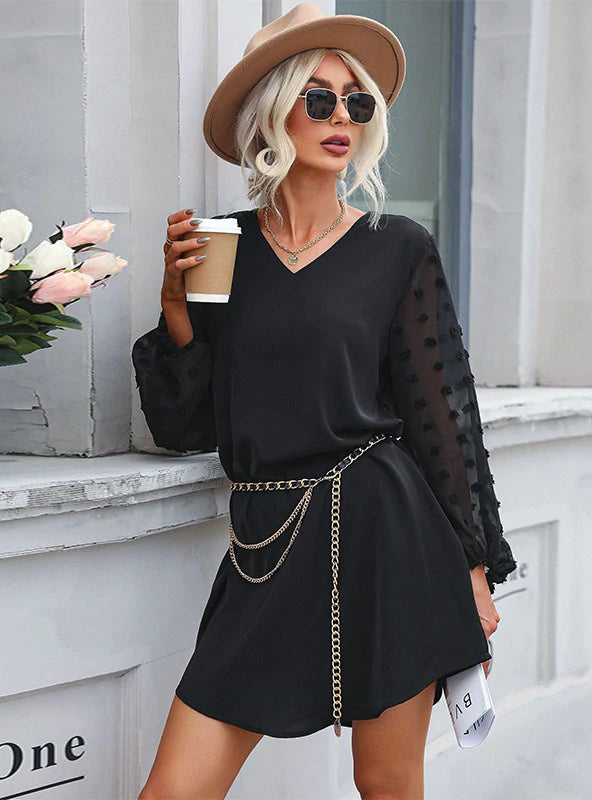 V-NECK SHORT PERSPECTIVE LONG SLEEVE DRESS