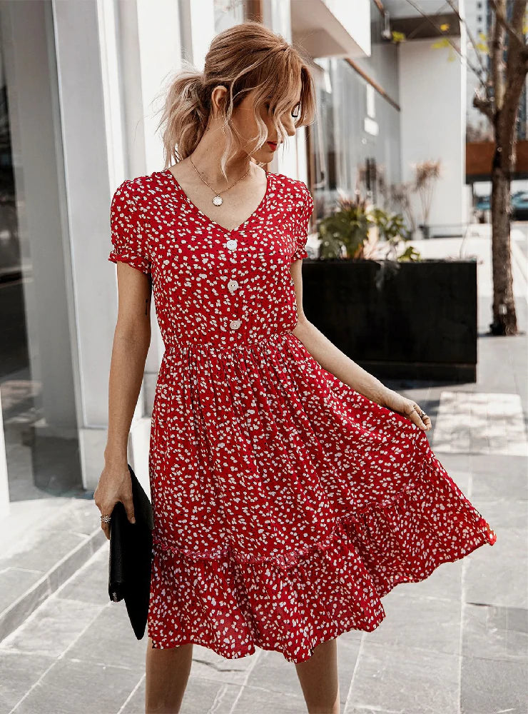 WOMEN V-NECK SHORT PRINT DRESS