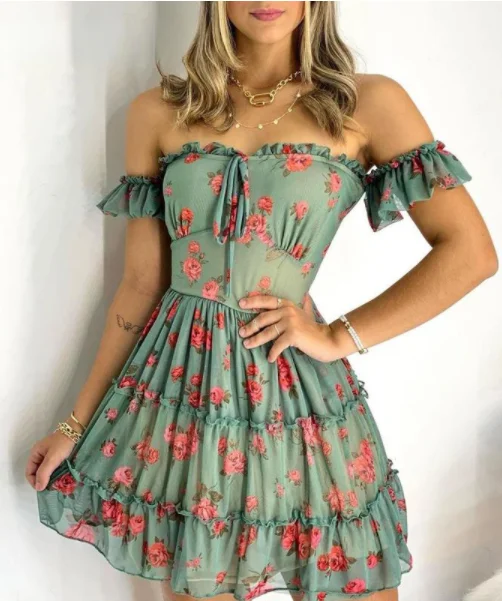 Floral Print Frill Hem Off Shoulder Slash Neck Casual Mini Dress