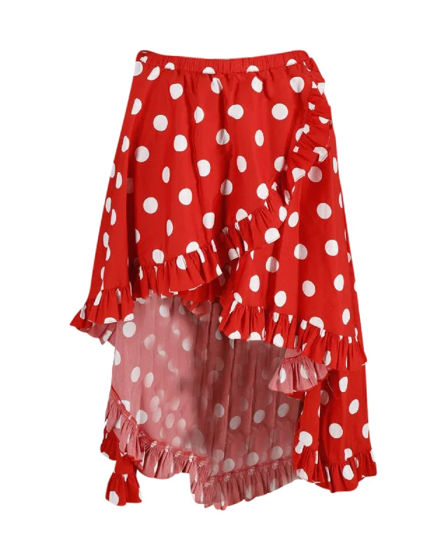 Caroline Constas Adelle Asymmetric Ruffled Polka-Dot Skirt in Red Cotton