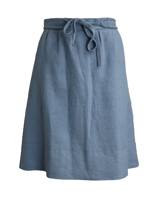 Chloé Tie Waist Knee Length Skirt in Light Blue Silk