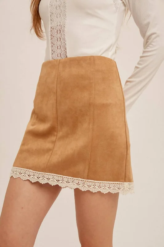 Crochet Trim Suede Mini Skirt In Brown