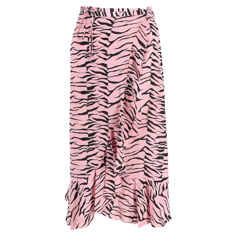 Rixo Gracie Ruffled Printed Wrap Skirt in Pink Silk