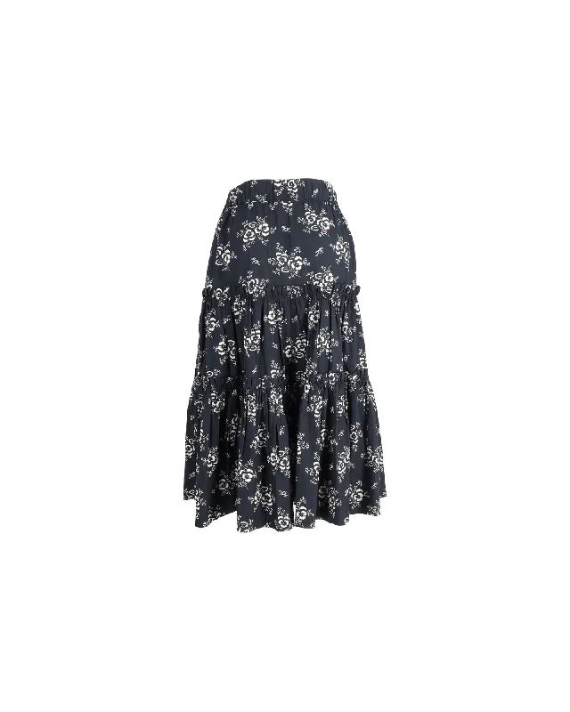 Sea New York Alessia Tiered Floral Midi-skirt In Black Cotton