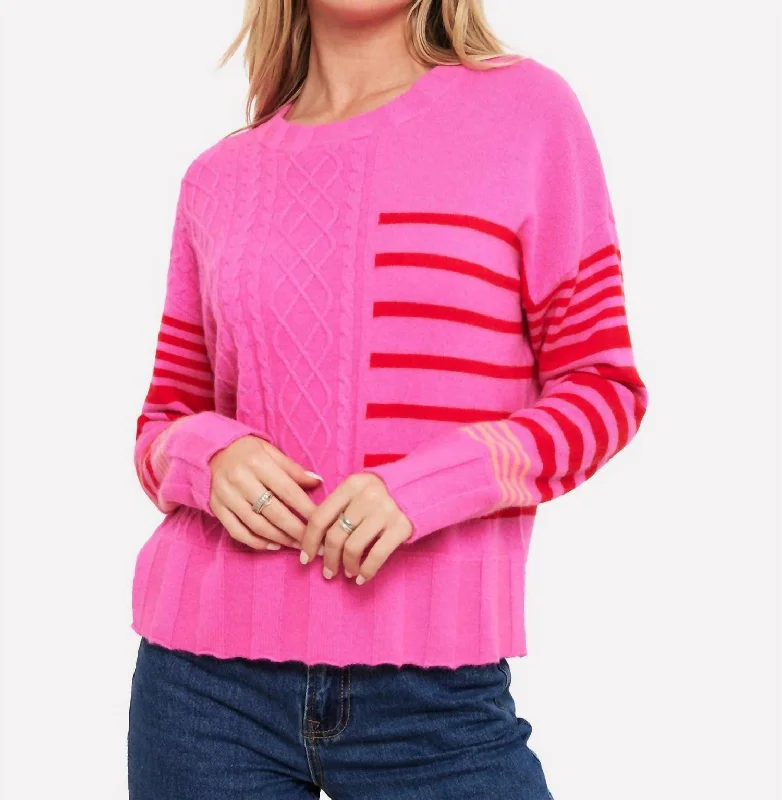 Callie Cable Stipe Crew Pullover In Diva Pink/red/neon Coral